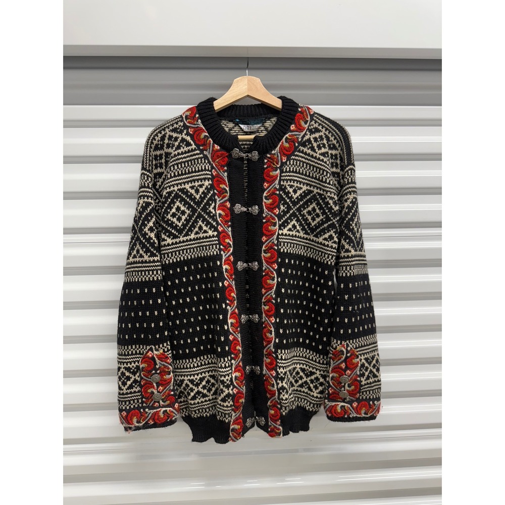 Dale of Norway Wool Cardigan Sweater Mens M Black Nordic Fair Isle Pewter Clasps